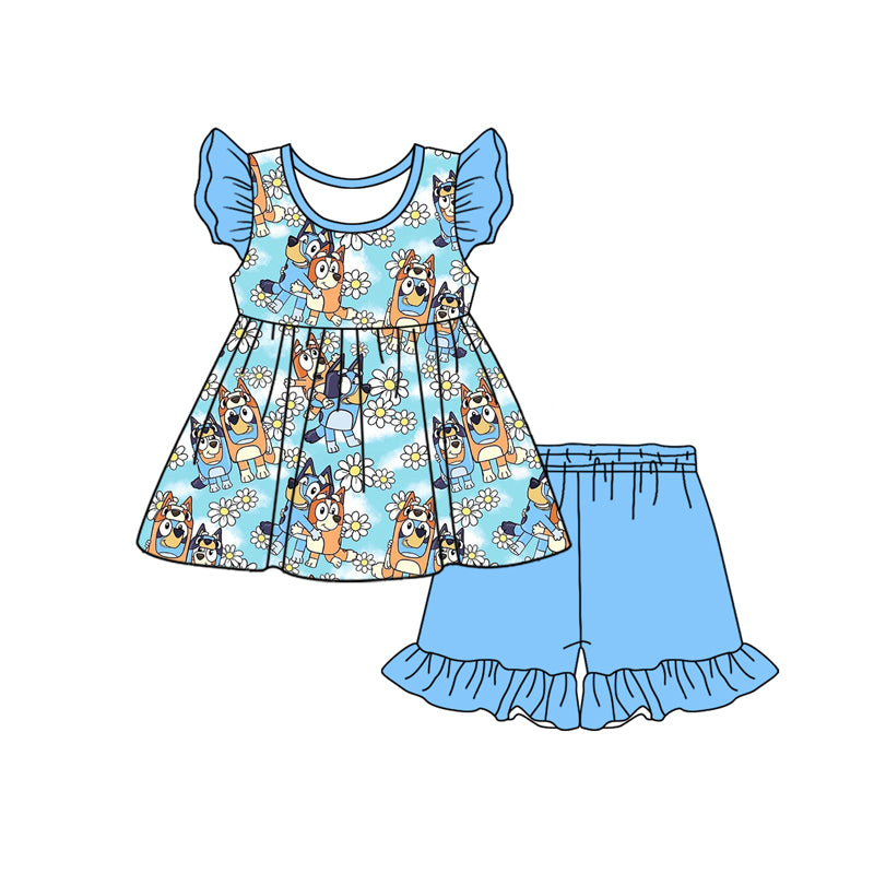 Preorder (moq 5)Baby Girls Sister Dog Blue Flowers Tunic Top Ruffle Shorts Sets