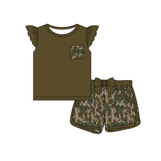 Baby Girls Dark Green Pocket Top Bottomland Camo Shorts Clothes Sets preorder(MOQ 5)