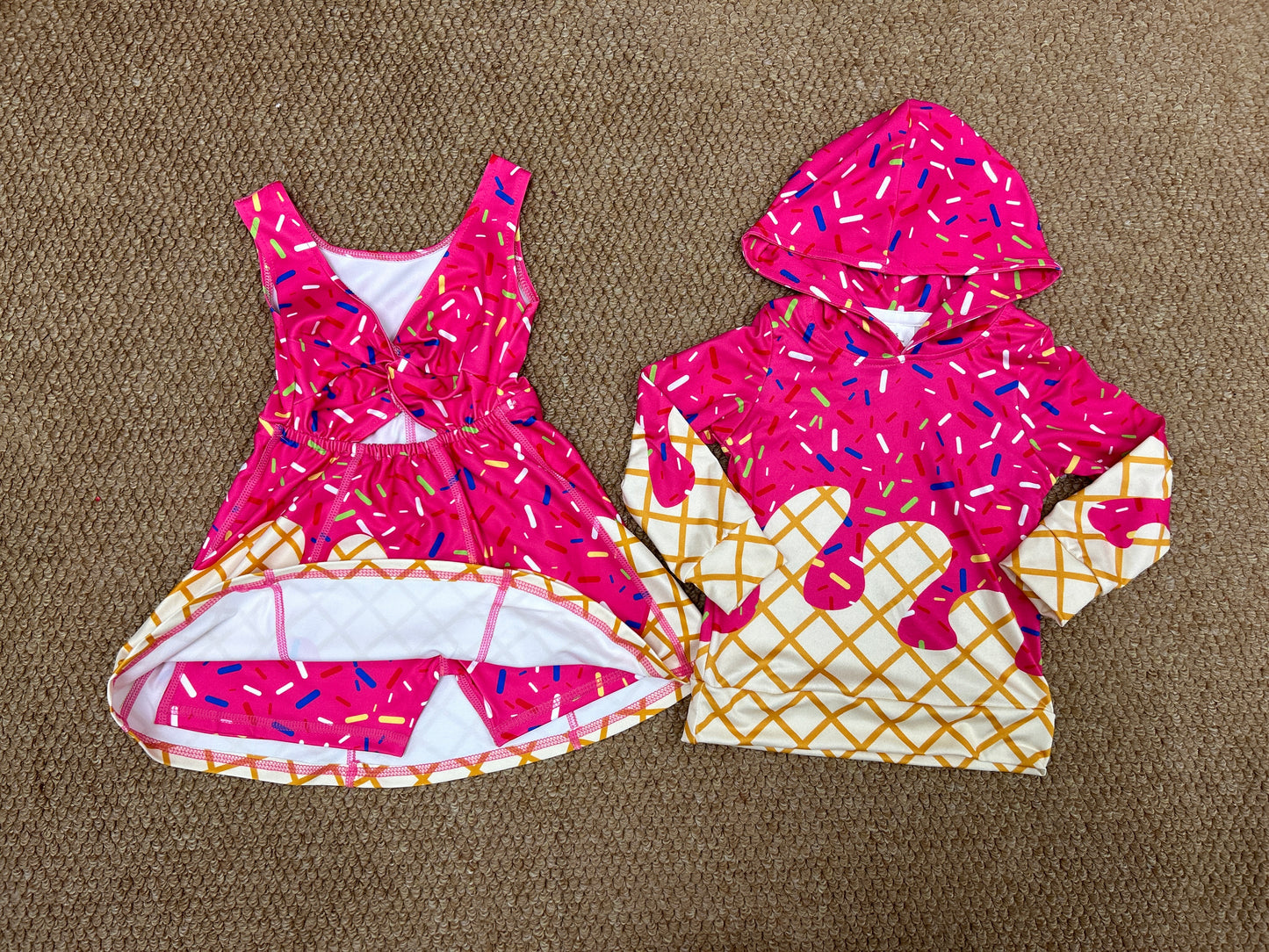 Sibling Baby Kids Pink Drip Team Hoodies Top Yoga Short Knee Length Dresses