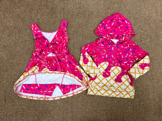 Sibling Baby Kids Pink Drip Team Hoodies Top Yoga Short Knee Length Dresses