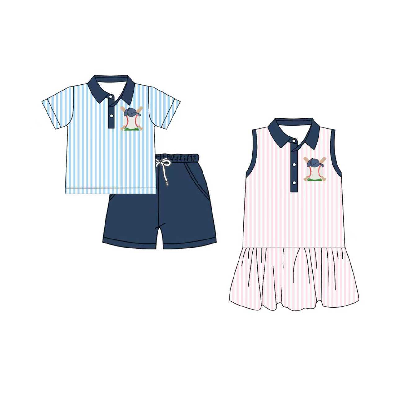 Preorder moq 5 (each item)Baby Boys Girls Stripe Baseballs Button Top Pockets Shorts Team Clothes Set Knee Length Dress