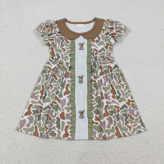 Embroidery Rabbits Baby Girls Camo Bows Easter Collar Knee Length Dresses