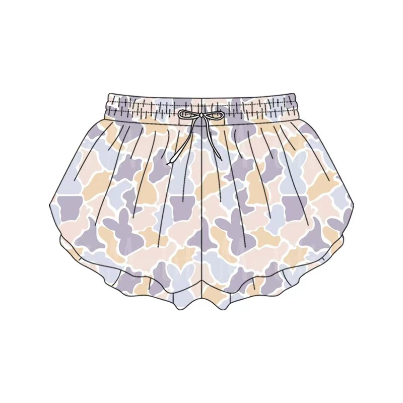 Preorder moq 5 Adult Women Colorful Rabbits Camo Easter Ruffle Shorts Bottom