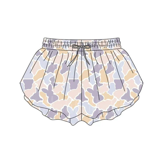 Preorder moq 5 Adult Women Colorful Rabbits Camo Easter Ruffle Shorts Bottom