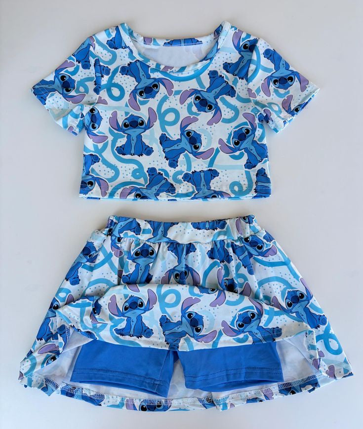 Preorder (moq 5)Baby Girls Blue Mouse Cartoon Top Skort Skirts Clothes Sets