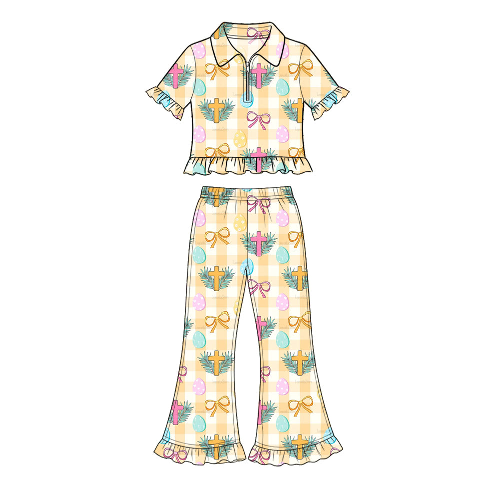 Preorder (moq 5) Baby Girl Clothes Easter Cross Egg Bow Gingham Mixed Print Short Sleeve Ruffle Flare Pant Set