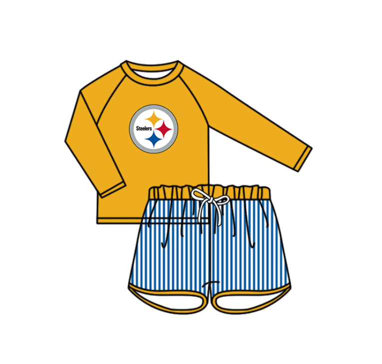 Preorder moq 5 Baby Boys Long Sleeve Steelers Top Stripe Shorts Team Swimsuits
