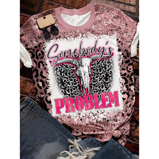 Preorder moq 5 Adult Women Western Leopard Somebody's Problem Bleached Tee Shirts Tops