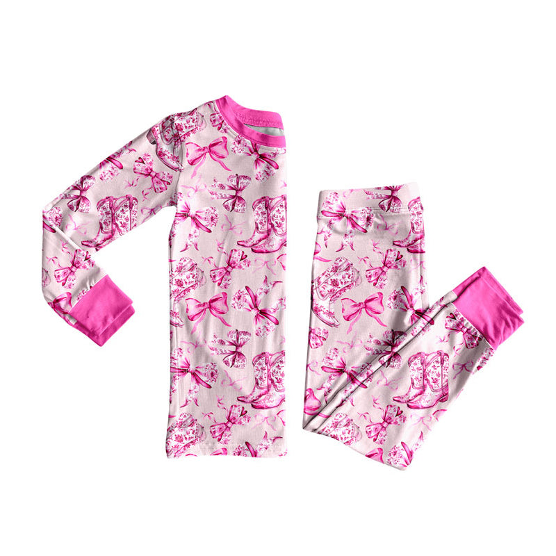 Preorder (moq 5)Baby Girls Pink Boots Bows Plaid Top Pants Pajamas Clothes Set