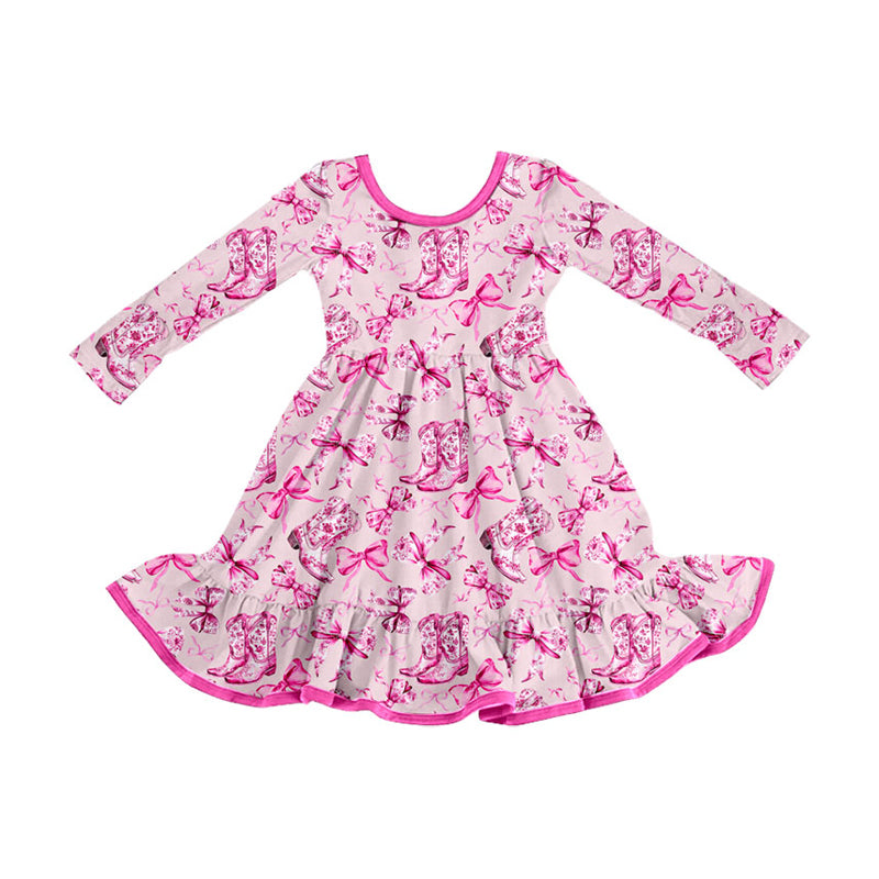 Preorder (moq 5)Baby Girls Pink Boots Bows Plaid Ruffle Knee Length Dresses