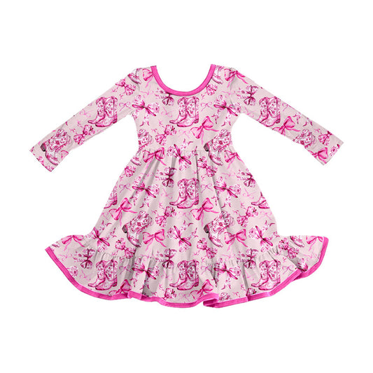 Preorder (moq 5)Baby Girls Pink Boots Bows Plaid Ruffle Knee Length Dresses