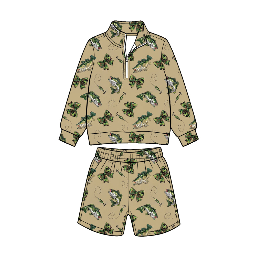Preorder (moq 5) Baby Girl Clothes Green Bass Fish Camo Bow Print Long Sleeve Quarter Zip Top Short Set