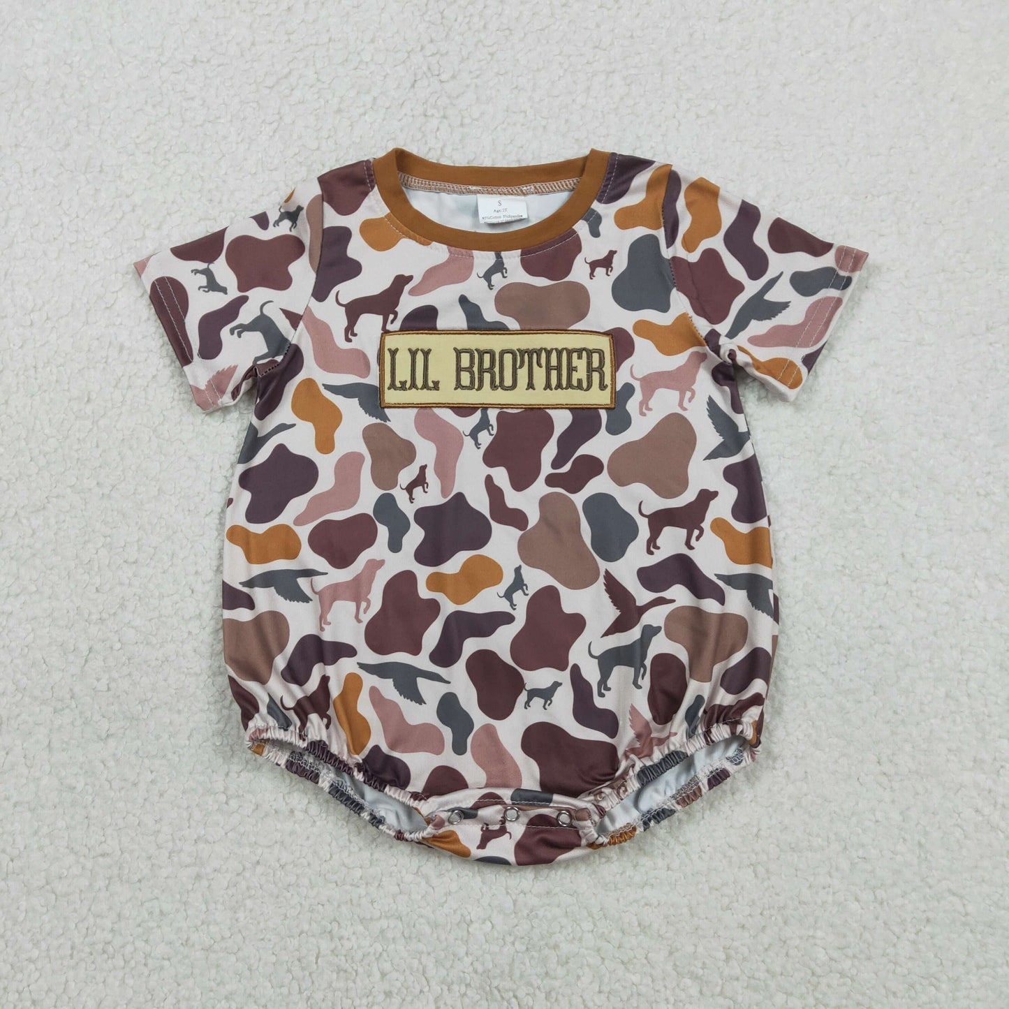Embroidery LIL Brother Baby Boys Hunting Dog Ducks Camo Rompers