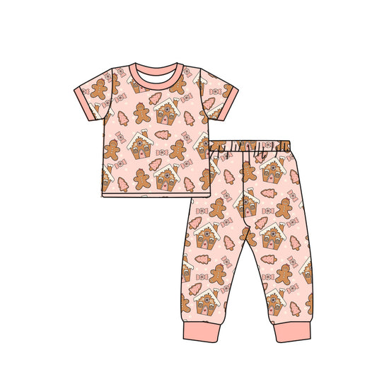 Baby Girls Pink Christmas Gingerbread Tee Top Pants Pajamas Clothes Sets preorder(MOQ 5)