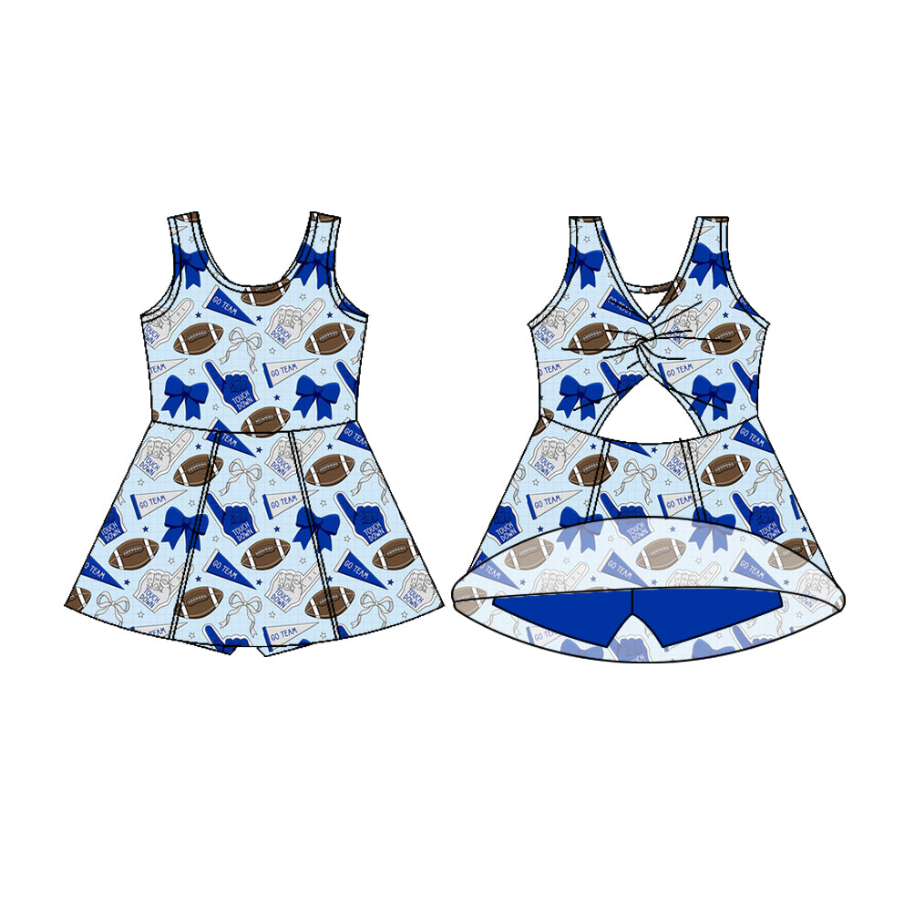 Preorder (moq 5)Baby Girls Sleeveless Hot Blue Bows Footballs Shorts Team Knee Length Dresses