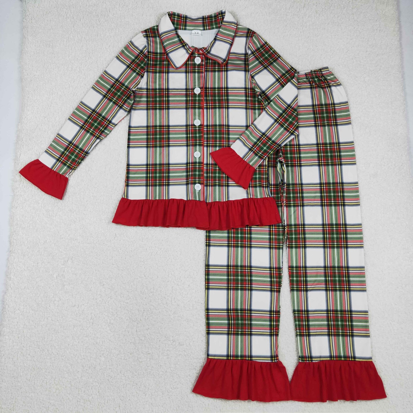 Adult Women Green Red Checked Button Top Ruffle Pant Christmas Pajamas Sets