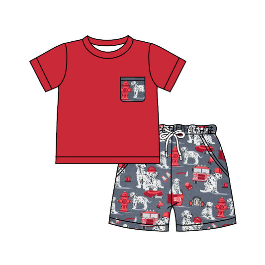 Baby Boys Red Short Sleeve Top Fire Dogs Shorts Clothes Sets preorder(moq 5)