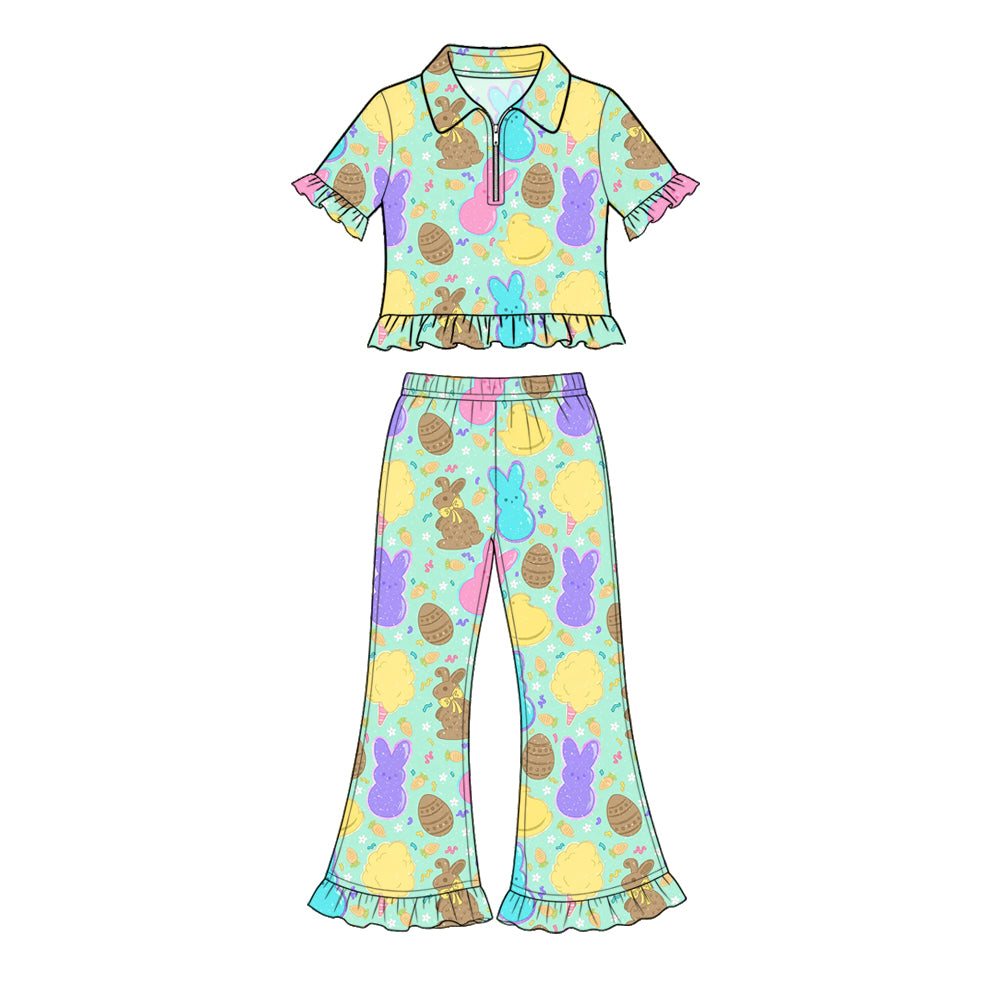 Preorder (moq 5) Baby Girl Clothes Easter Bunny Cookie Candy Mixed Print Short Sleeve Ruffle Flare Pant Set