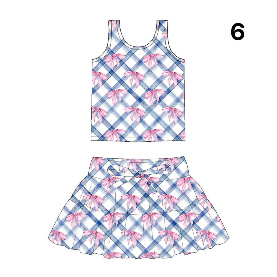 Preorder (moq 5)Baby Girls Blue Checked Bows Vests Top Skirt Shorts Clothes Sets