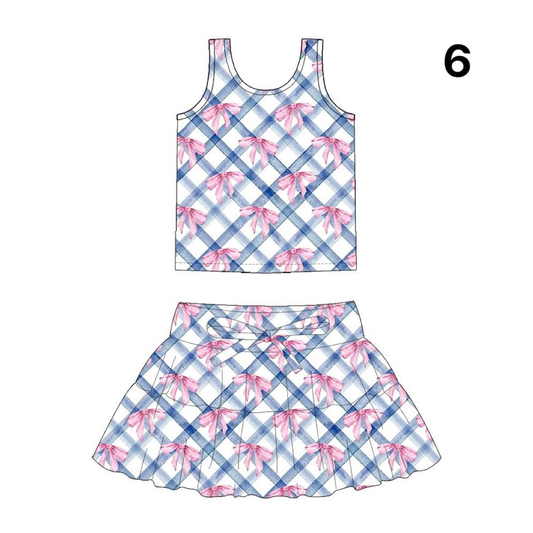 Preorder (moq 5)Baby Girls Blue Checked Bows Vests Top Skirt Shorts Clothes Sets