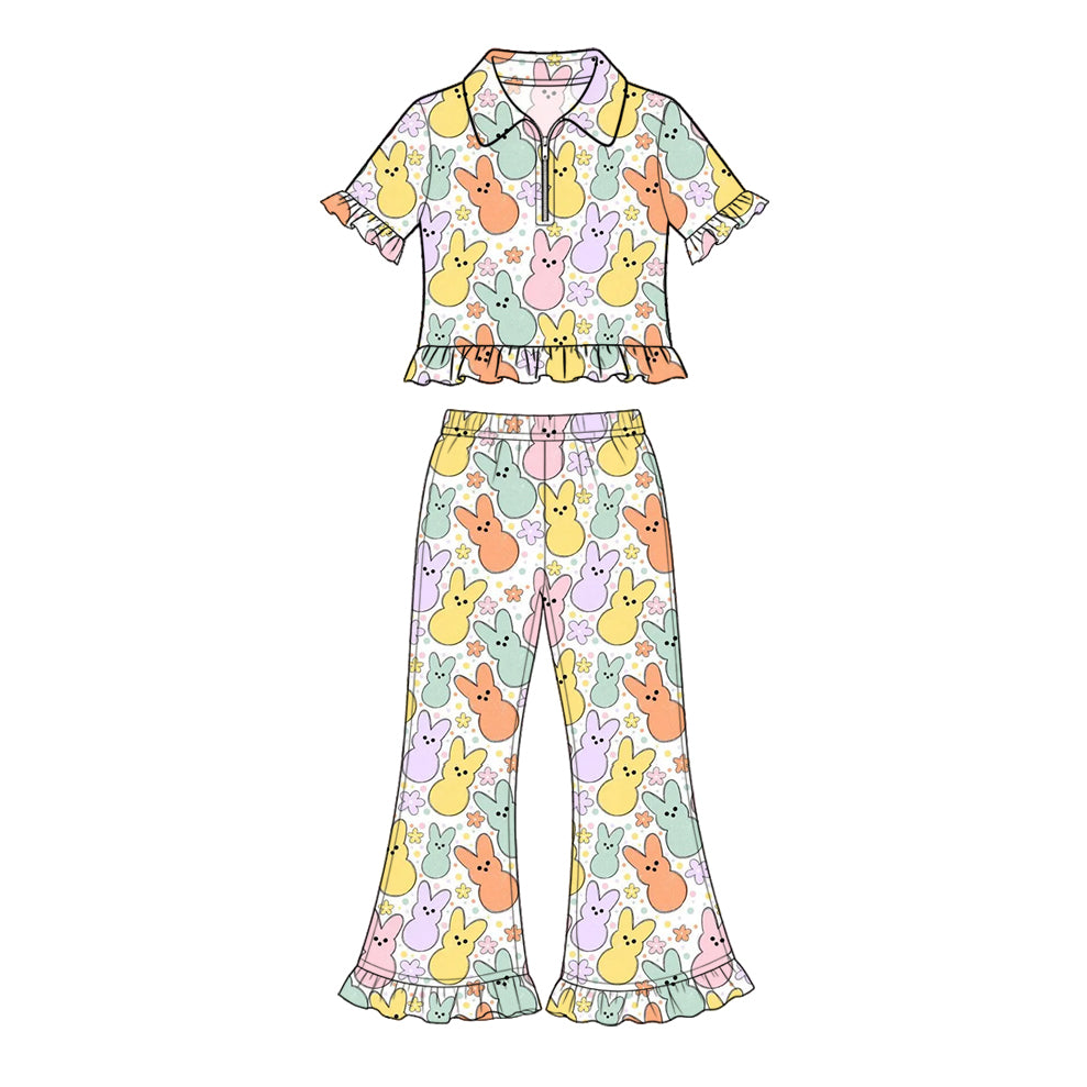 Preorder (moq 5) Baby Girl Clothes Pastel Peeps Bunny Floral Mixed Print Short Sleeve Ruffle Flare Pant Set