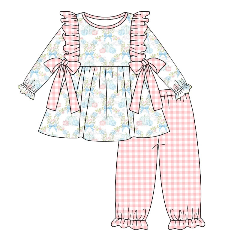 Baby Girls Pink Pumpkin Bows Tunic Ruffle Pants Clothes Sets Preorder(moq 5)