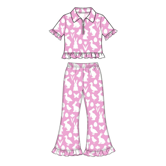 Preorder (moq 5) Baby Girl Clothes Easter Bunny Duck Silhouette Mixed Print Short Sleeve Ruffle Flare Pant Set