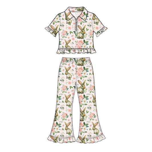 Preorder (moq 5) Baby Girl Clothes Watercolor Bunny Rose Floral Mixed Print Short Sleeve Ruffle Flare Pant Set