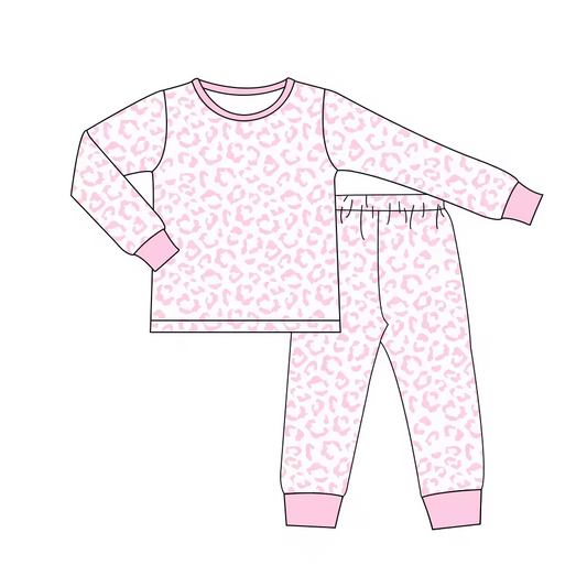 Baby Girls Pink Leopard Tee Top Pants Pajamas Outfits Preorder(moq 5)