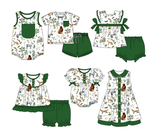Preorder moq 5 Custom Baby Kids Green Pocket Button Animals Floral Top Short Bummies Sets Dresses And Rompers