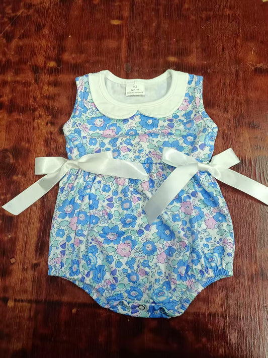 Preorder moq 5 Baby Girls Sleeveless Blue Floral Bows Ruffle Rompers