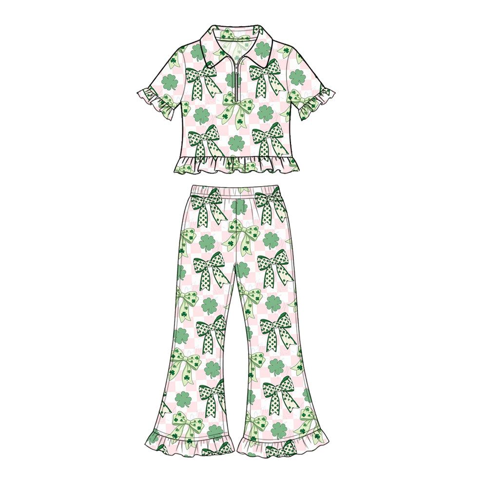 Preorder (moq 5) Baby Girl Clothes St Patricks Clover Bow Checkered Mixed Print Short Sleeve Ruffle Flare Pant Set