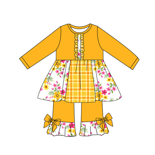 Preorder (moq 5)Baby Girls Yellow Checked Flowers Button Tunic Ruffle Pant Clothes Sets