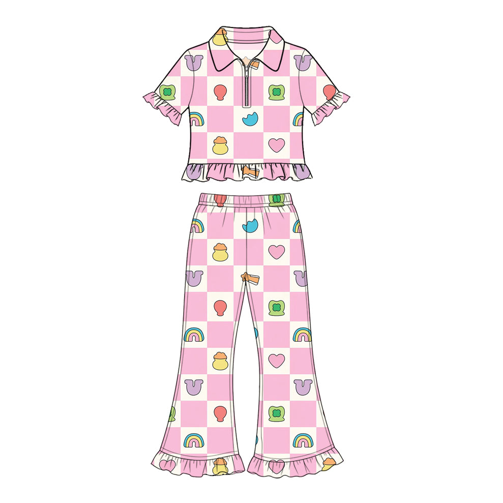 Preorder (moq 5) Baby Girl Clothes St Patricks Cute Icon Checkered Mixed Print Short Sleeve Ruffle Flare Pant Set