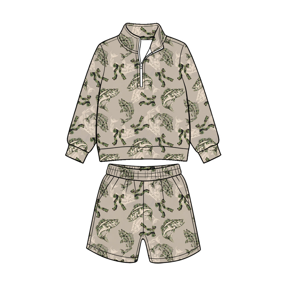 Preorder (moq 5) Baby Girl Clothes Grey Bass Fish Camo Bow Print Long Sleeve Quarter Zip Top Short Set