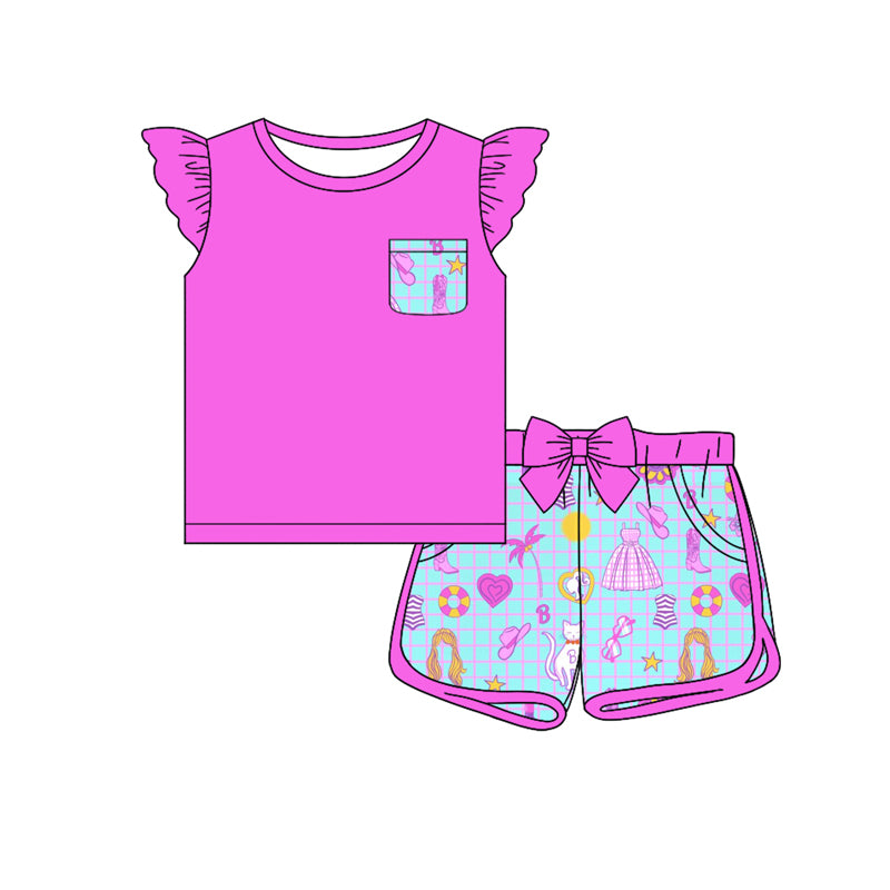 Preorder (moq 5)Baby Girls Hotpink Tee Top Cowgirls Vacation Shorts Clothes Sets