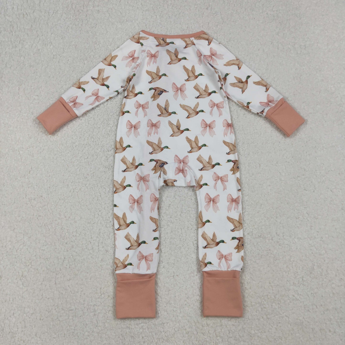 Baby Girls Ducks Bows Plaid Ruffle Zipper Footie Rompers