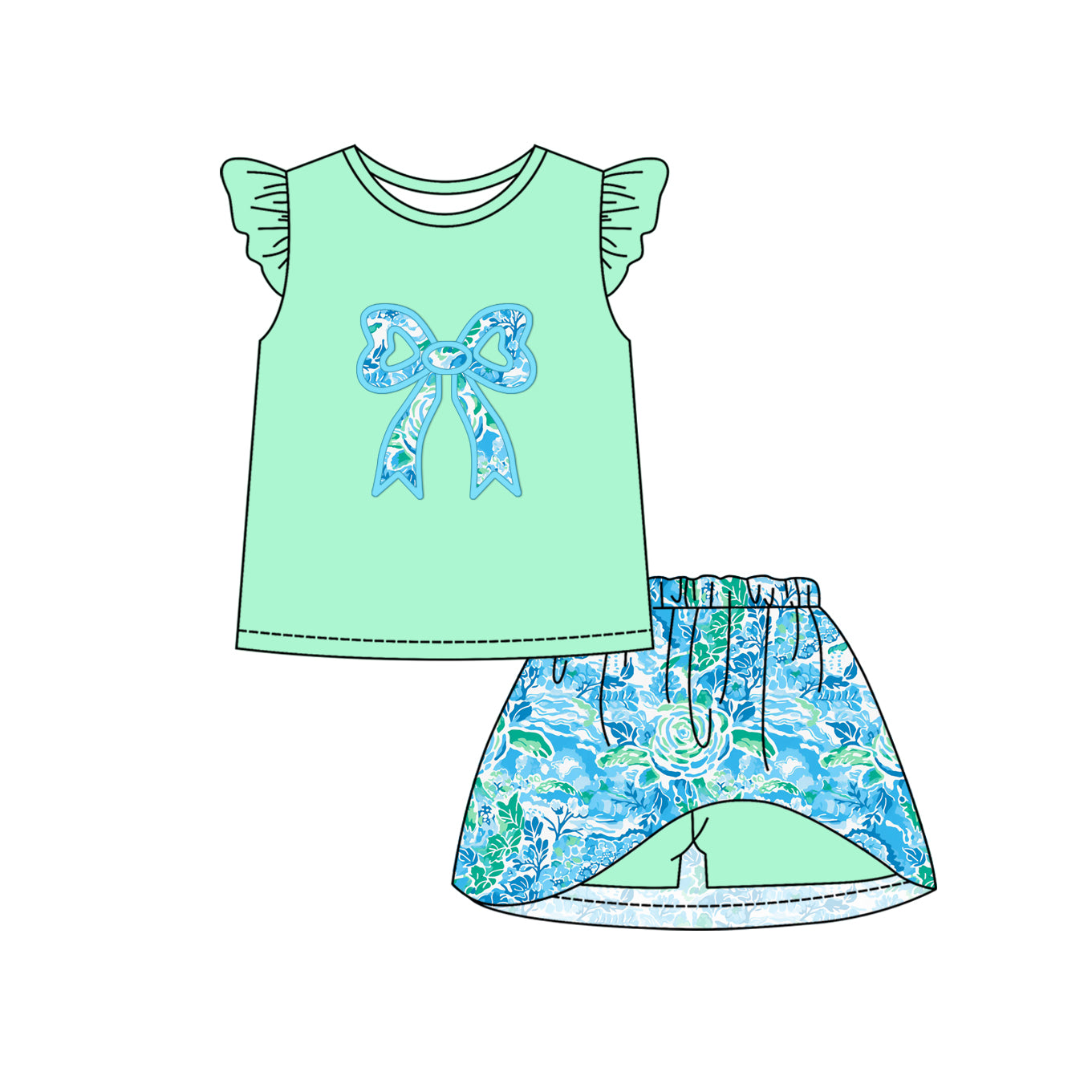 Preorder (moq 5)Baby Girls Green Bow Print Shirt Shorts Skirts Outfits Clothes Sets