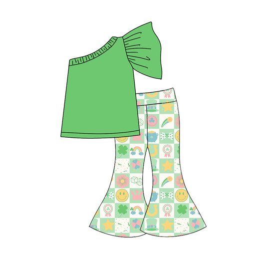 Baby Kids Green One Shoulder Top St Patrick Day Bell Pants Girls Clothing Sets preorder(MOQ 5)