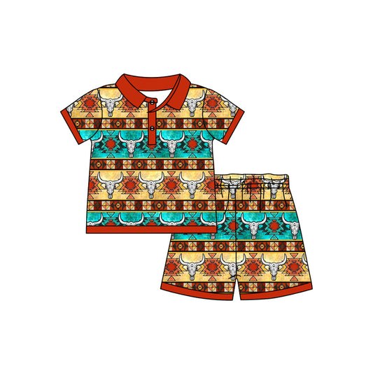 Preorder (moq 5)Baby Boys Western Colorful Cow Aztec Pullover Shirt Shorts Clothes Sets