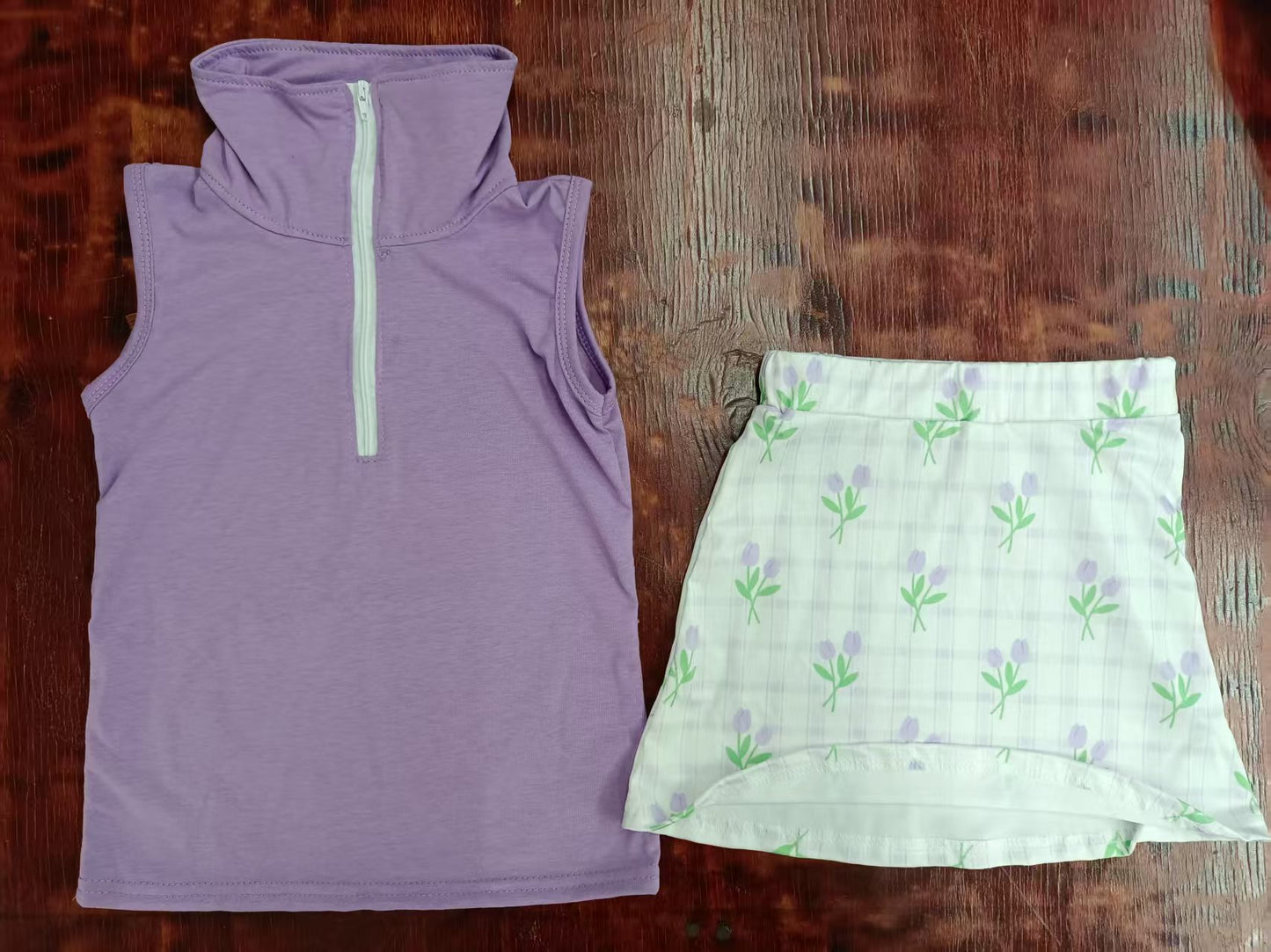 Preorder moq 5 Baby Girls Lavender Sleeveless Zipper Vest Top Flowers Skirts Set