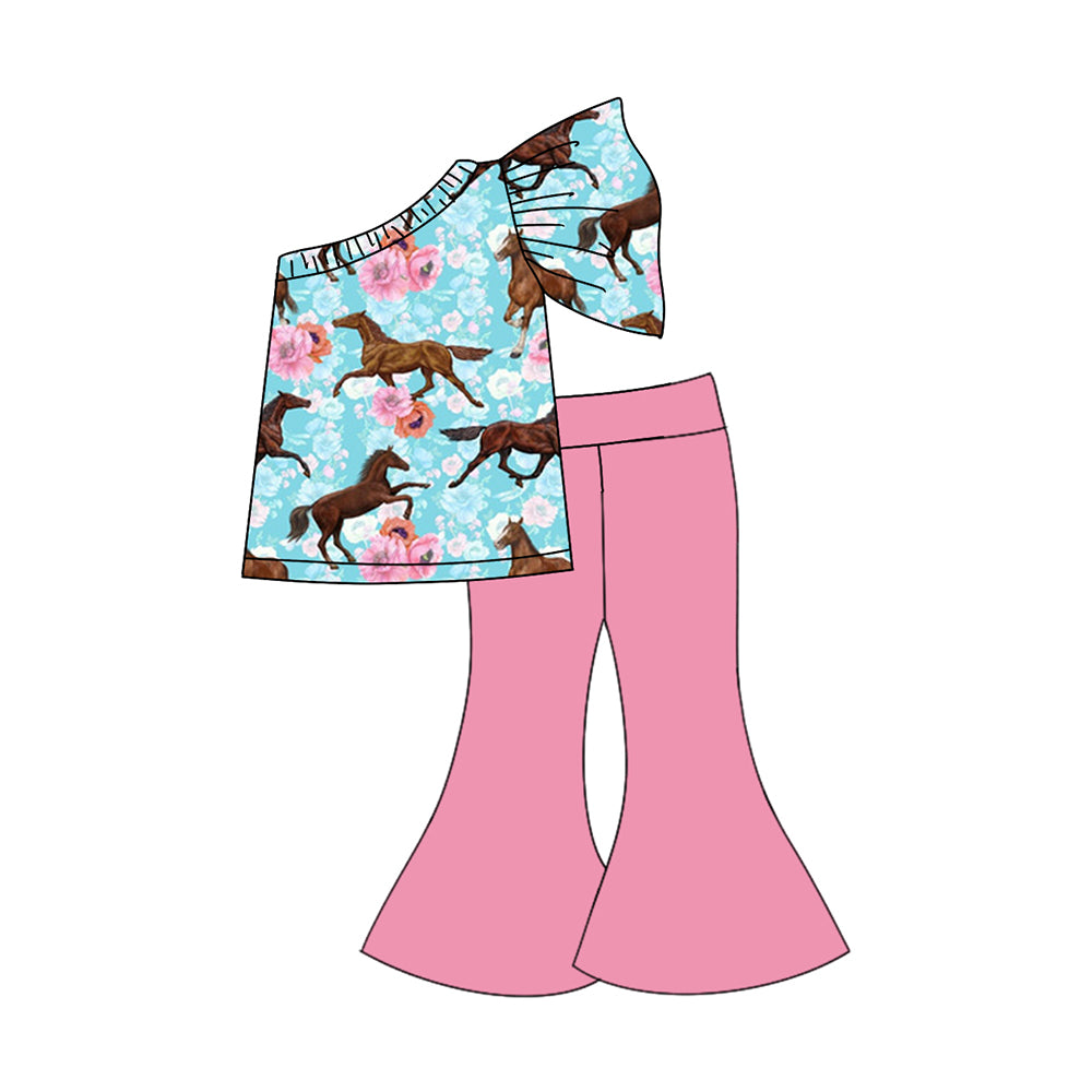 Baby Kids Girls Horse Flowers One Shoulder Top Bell Pants Girls Clothing Sets preorder(MOQ 5)