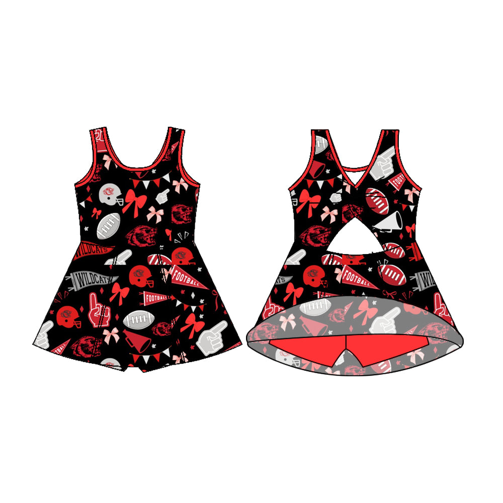Preorder (moq 5)Baby Girls Sleeveless Black Red Football Team Shorts Team Dresses