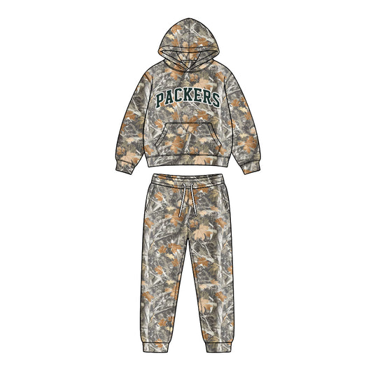Preorder (moq 5) Baby Boys Leaves Camo Packers Pocket Hoodie Pockets Pant Team Clothes Sets