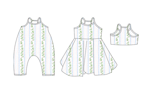 Preorder moq 5 Custom Baby Girls Strap Floral Stripe Knee Length Dresses Romper