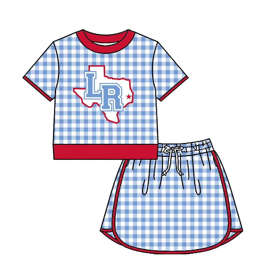 Preorder (moq 5)Baby Girls Blue Checked Lumberton Raiders Top Skirt Short Team Clothes Set
