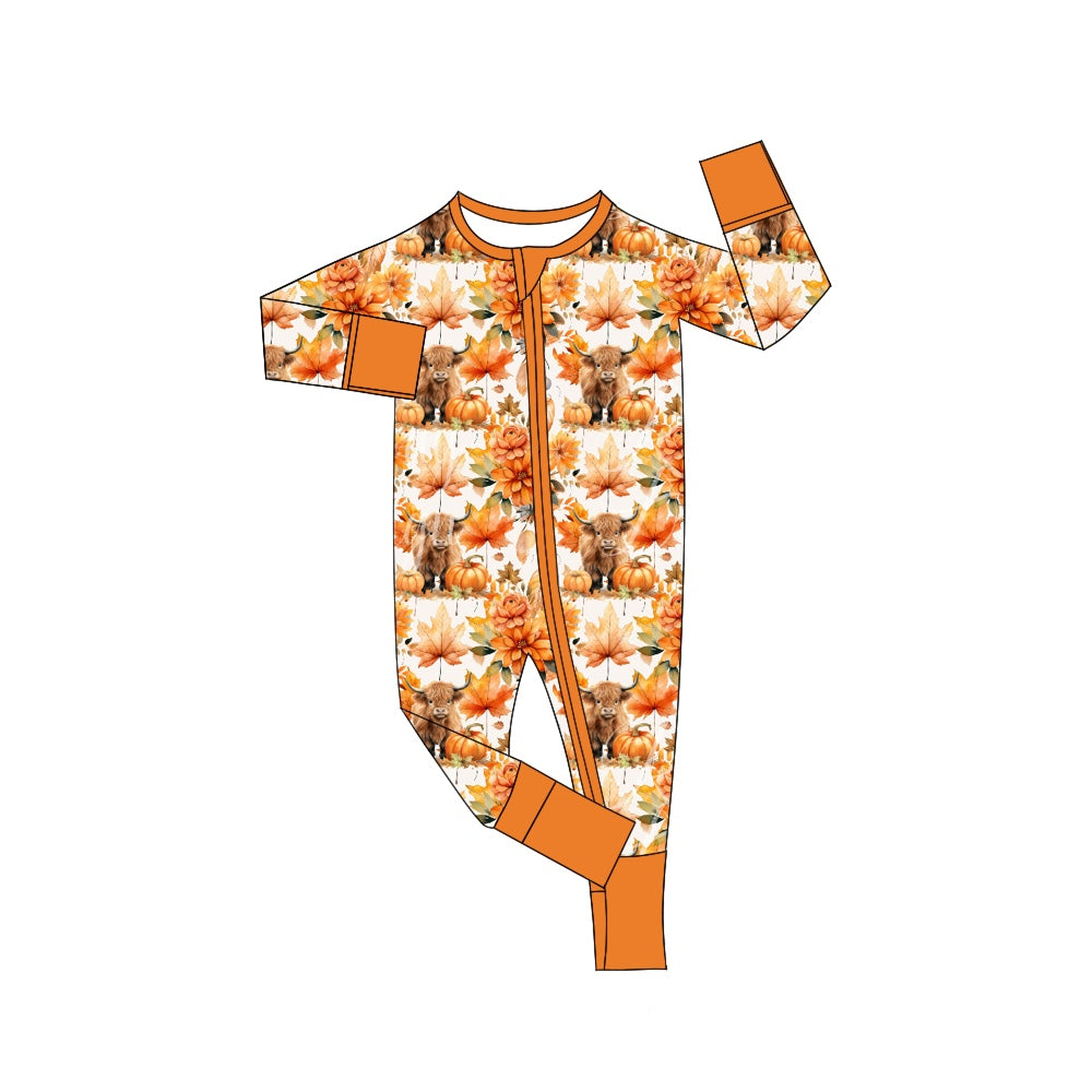 Baby Girls Fall Highland Cow Pumpkin Leaves Zip Long Sleeve Rompers Preorder(moq 5)