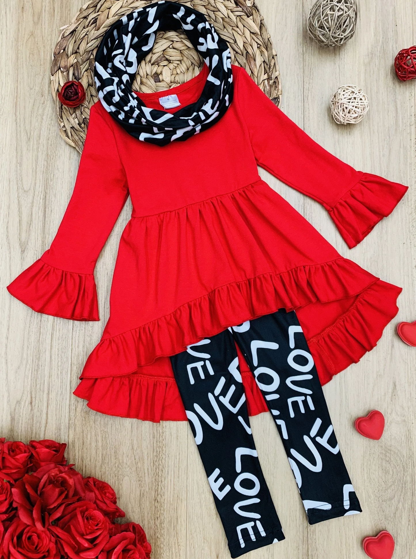 Baby Girls Valentines Red Tunic Top Love Legging Scarf Clothes Sets preorder(MOQ 5)