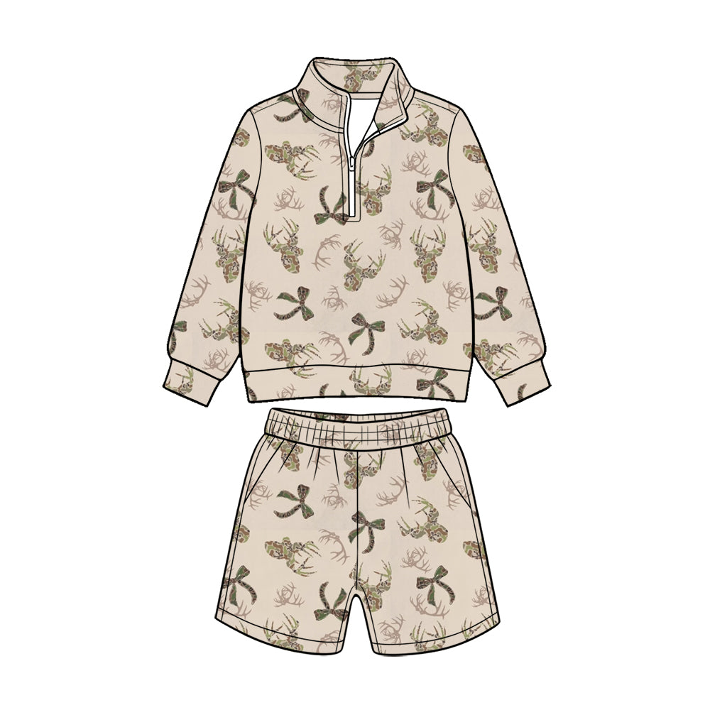 Preorder (moq 5) Baby Girl Clothes Camo Deer Antler Bow Print Long Sleeve Quarter Zip Top Short Set