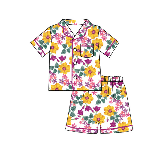 Baby Girls Short Sleeve Pink Flowers Shirt Shorts Pajamas Clothes Sets preorder(moq 5)